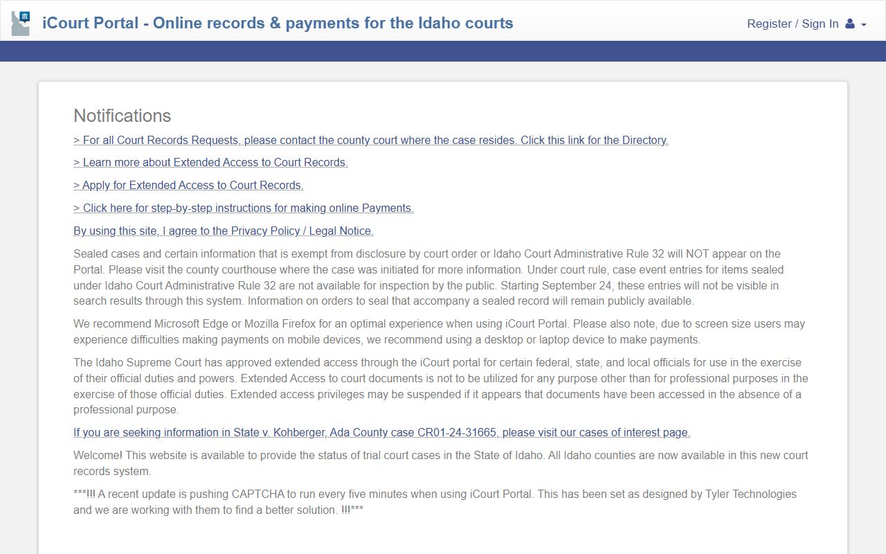 Idaho Odyssey Portal case search interface for Twin Falls County court records