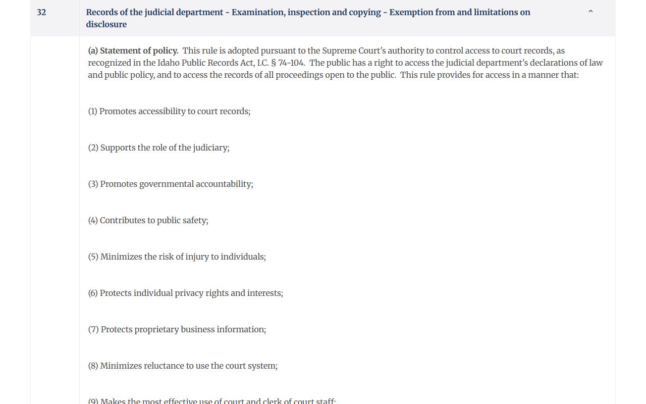 Idaho Court Administrative Rule 32 public access rule for court records